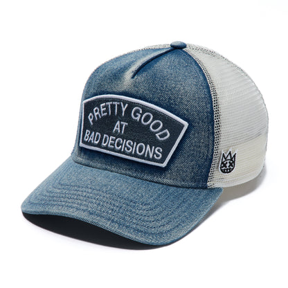 Mesh Trucker Hat "Good At Bad Decisions" In Denim