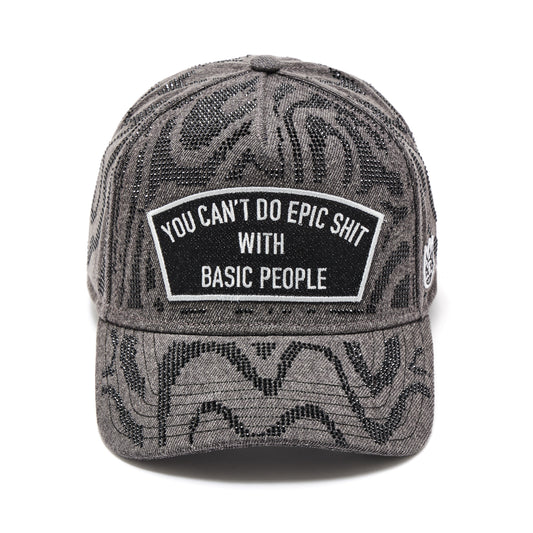 5 Panel A Frame Trucker Hat "Epic Shit" Swirl Crystals In Black Denim