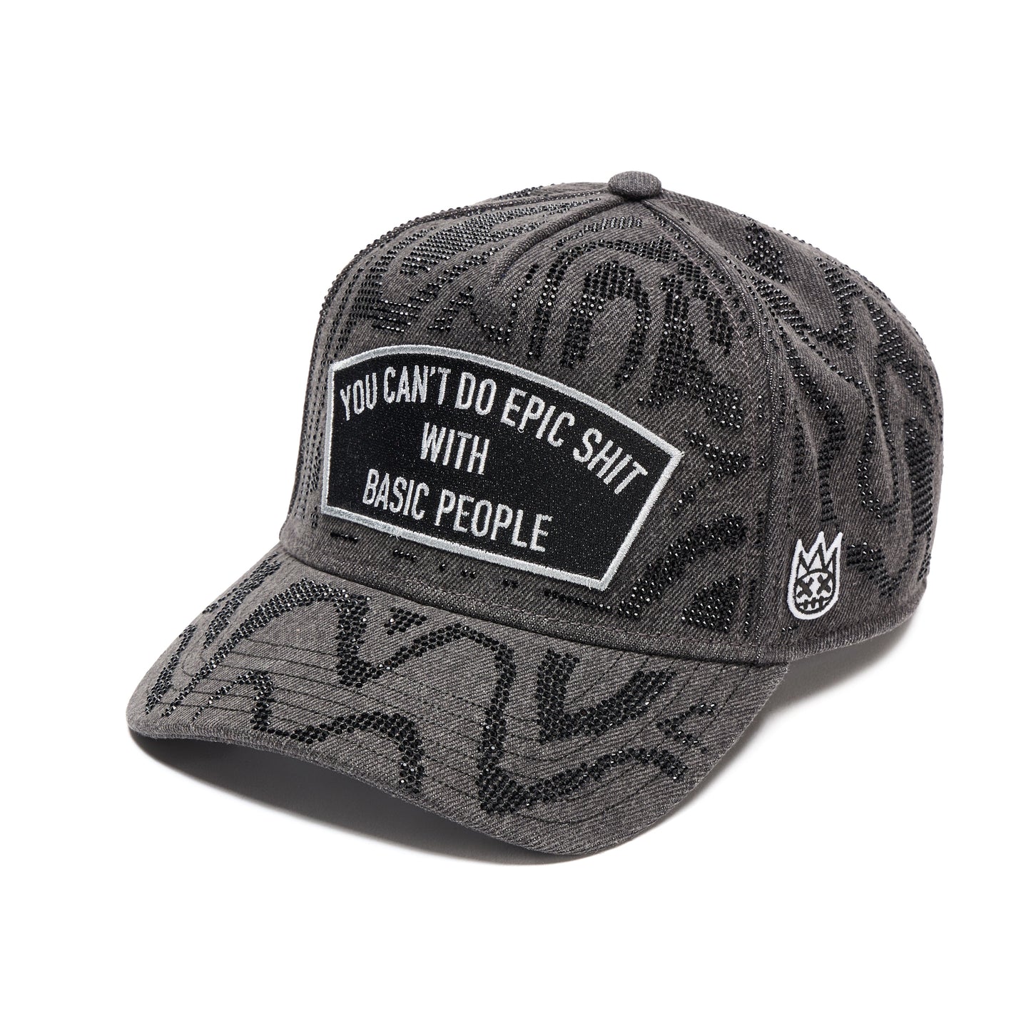 5 Panel A Frame Trucker Hat "Epic Shit" Swirl Crystals In Black Denim