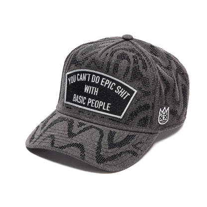 5 Panel A Frame Trucker Hat "Epic Shit" Swirl Crystals In Black Denim