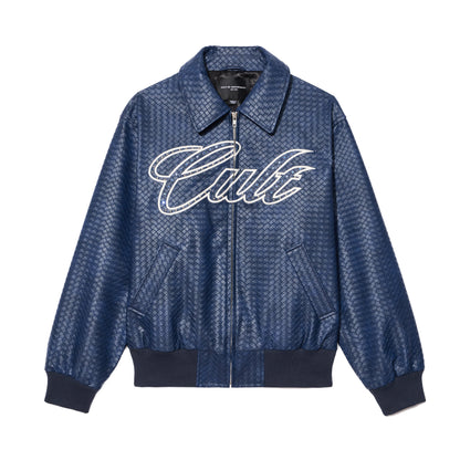 Cult's Woven Leather Varsity Jacket In Navy