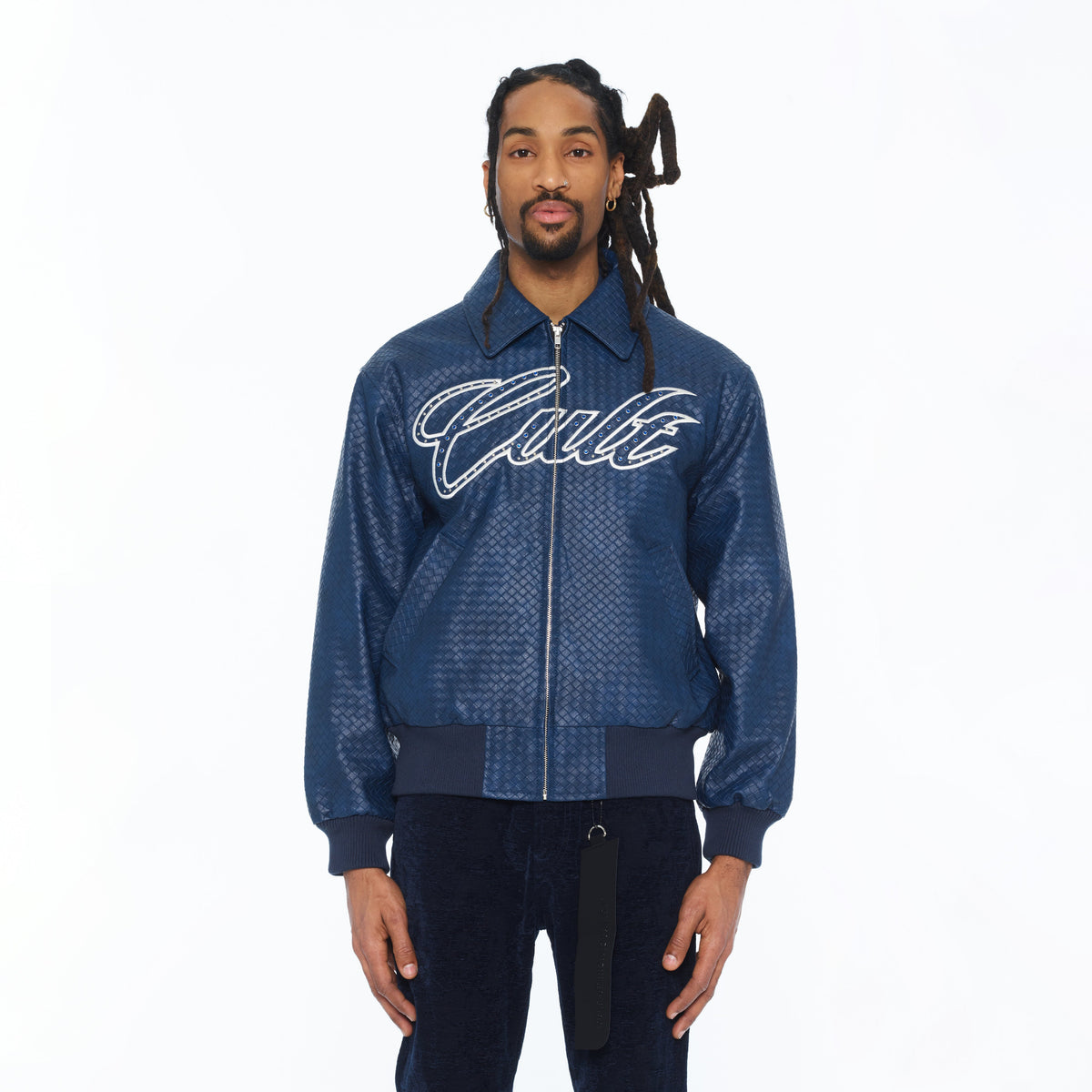 Cult's Woven Leather Varsity Jacket In Navy