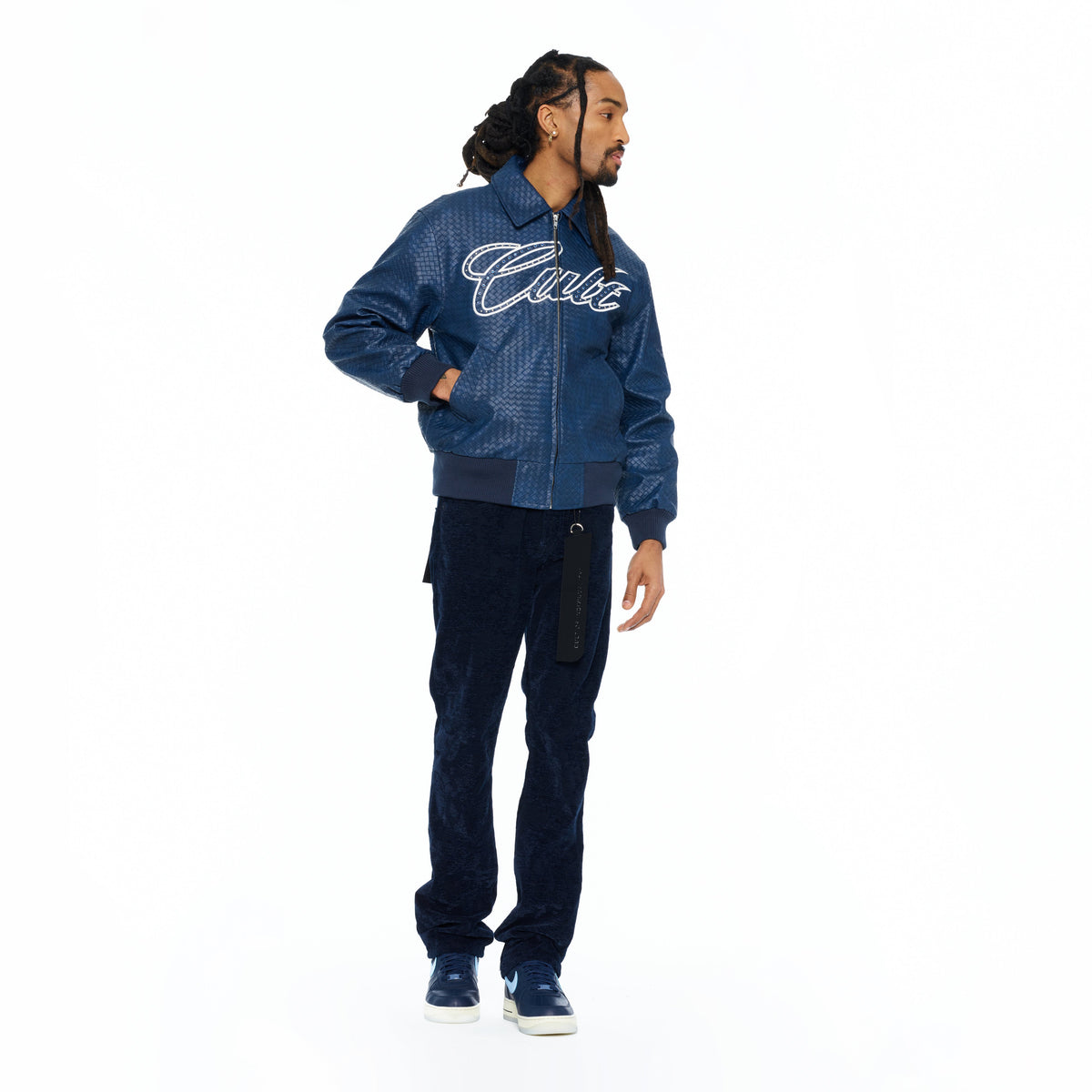 Cult's Woven Leather Varsity Jacket In Navy