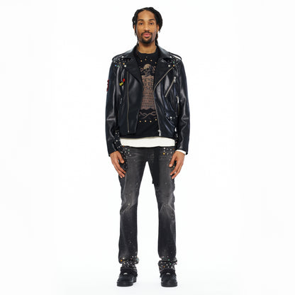 Cult's Leather Moto Jacket "Stars" In Black