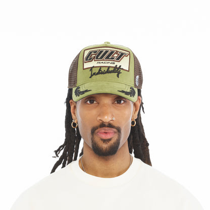 Mesh Back Trucker Hat "Cult Racing" | Olive