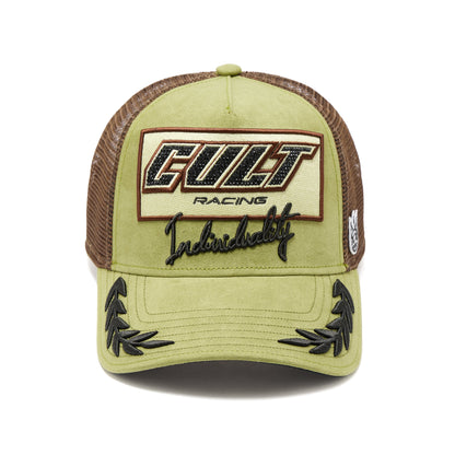 Mesh Back Trucker Hat "Cult Racing" | Olive