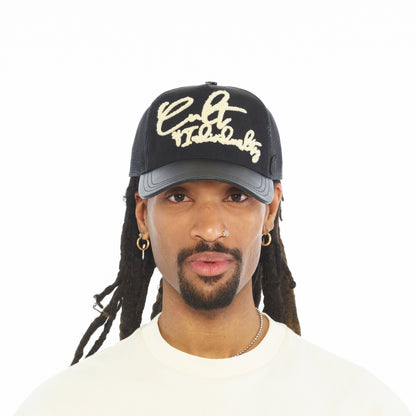 Mesh Back Trucker Hat "Grasshopper Emb Hat" | Black