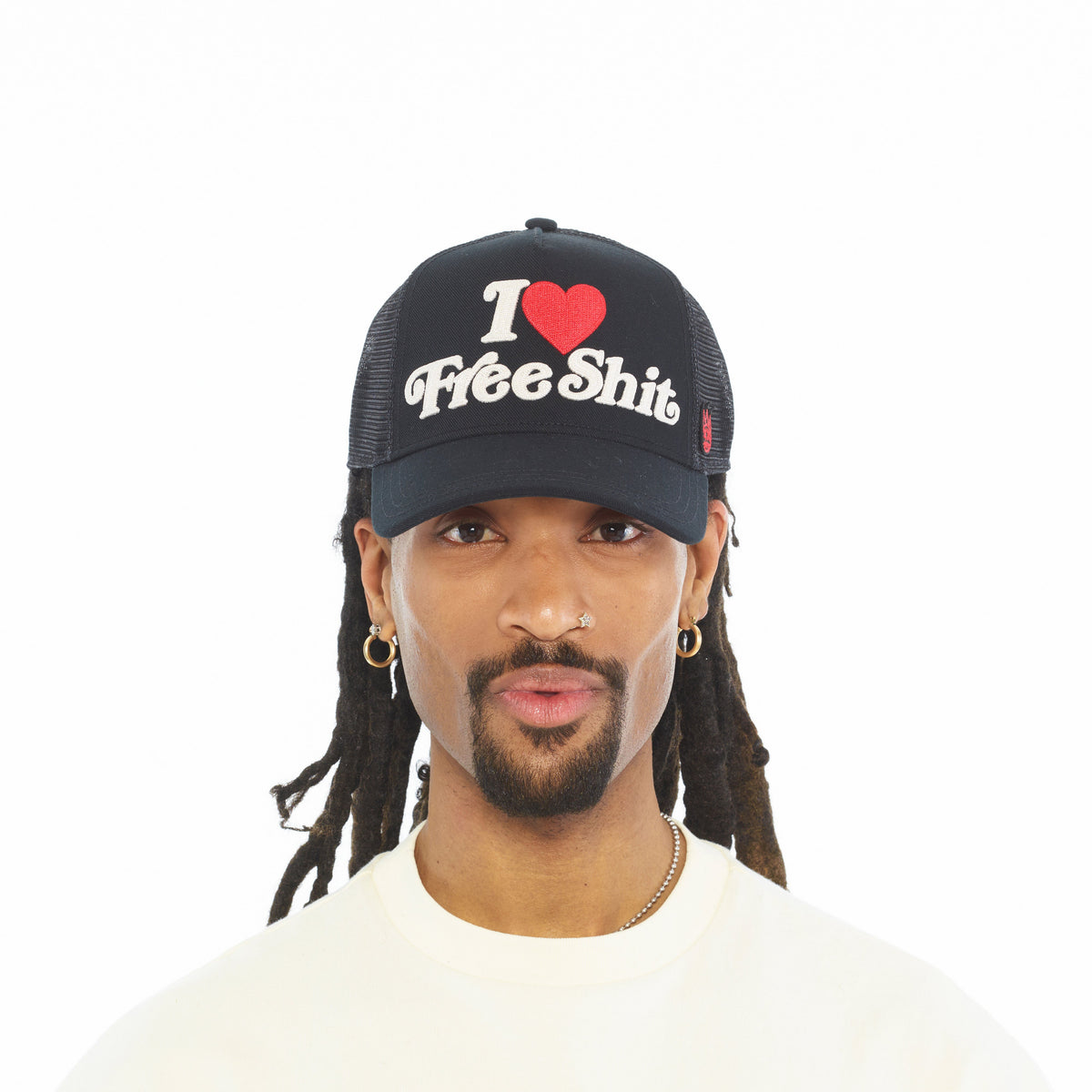 Mesh Back Trucker Hat "I Love Free Shit" | Black