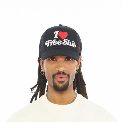 Mesh Back Trucker Hat "I Love Free Shit" | Black