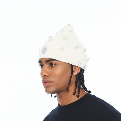 Knit Hat "All Over Crystals" In Winter White