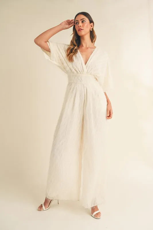 Fluffy Deep V Neck Wide Leg Jumpsuit.