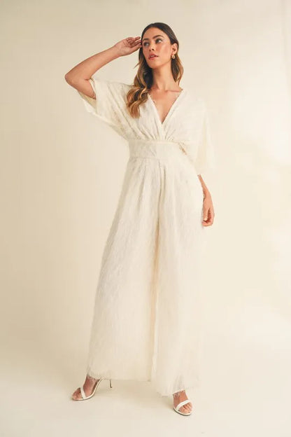 Fluffy Deep V Neck Wide Leg Jumpsuit.