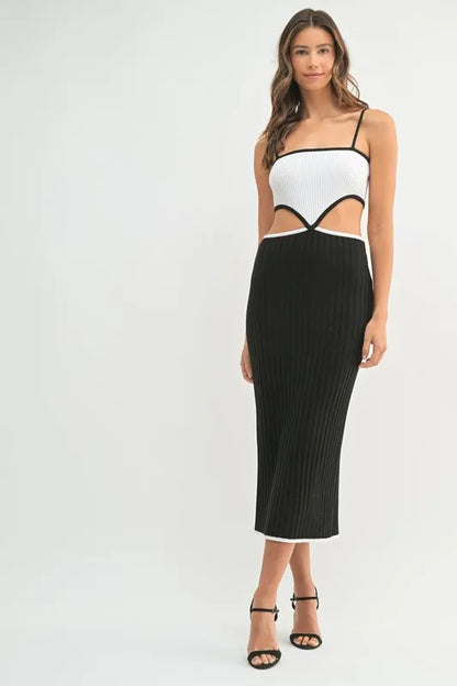 Ribbed Knit Color Block Cutout Midi Dress.