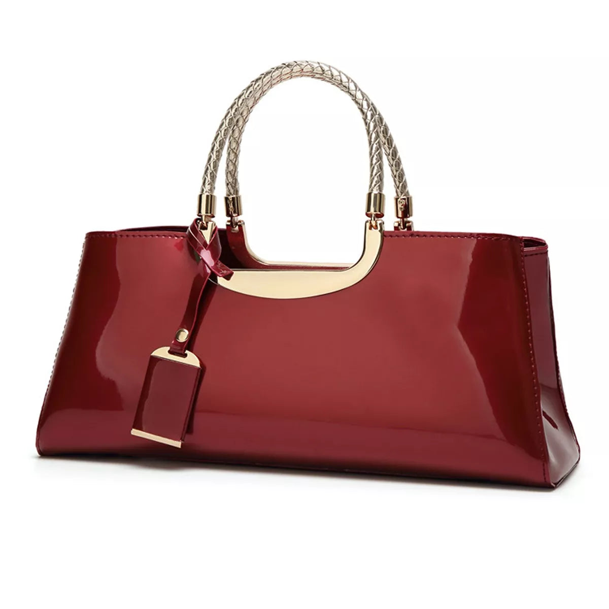 Red handbag with gold accents on a white background