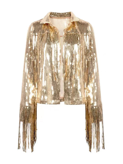 Glamorous Gold Sequin Fringe Statement Jacket — additional product view | KRIFFA