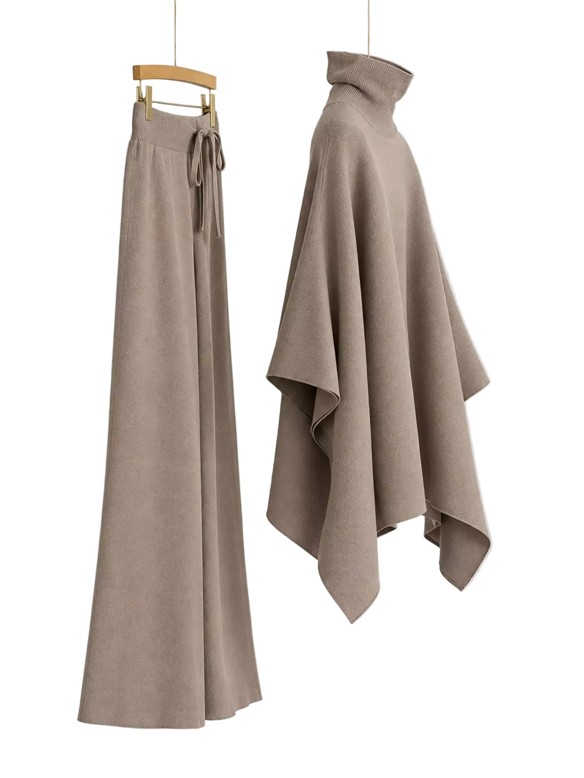 A matching taupe-brown knit set featuring wide-leg drawstring trousers on a wooden hanger and a high-neck draped poncho-style top, displayed against a light gray background.