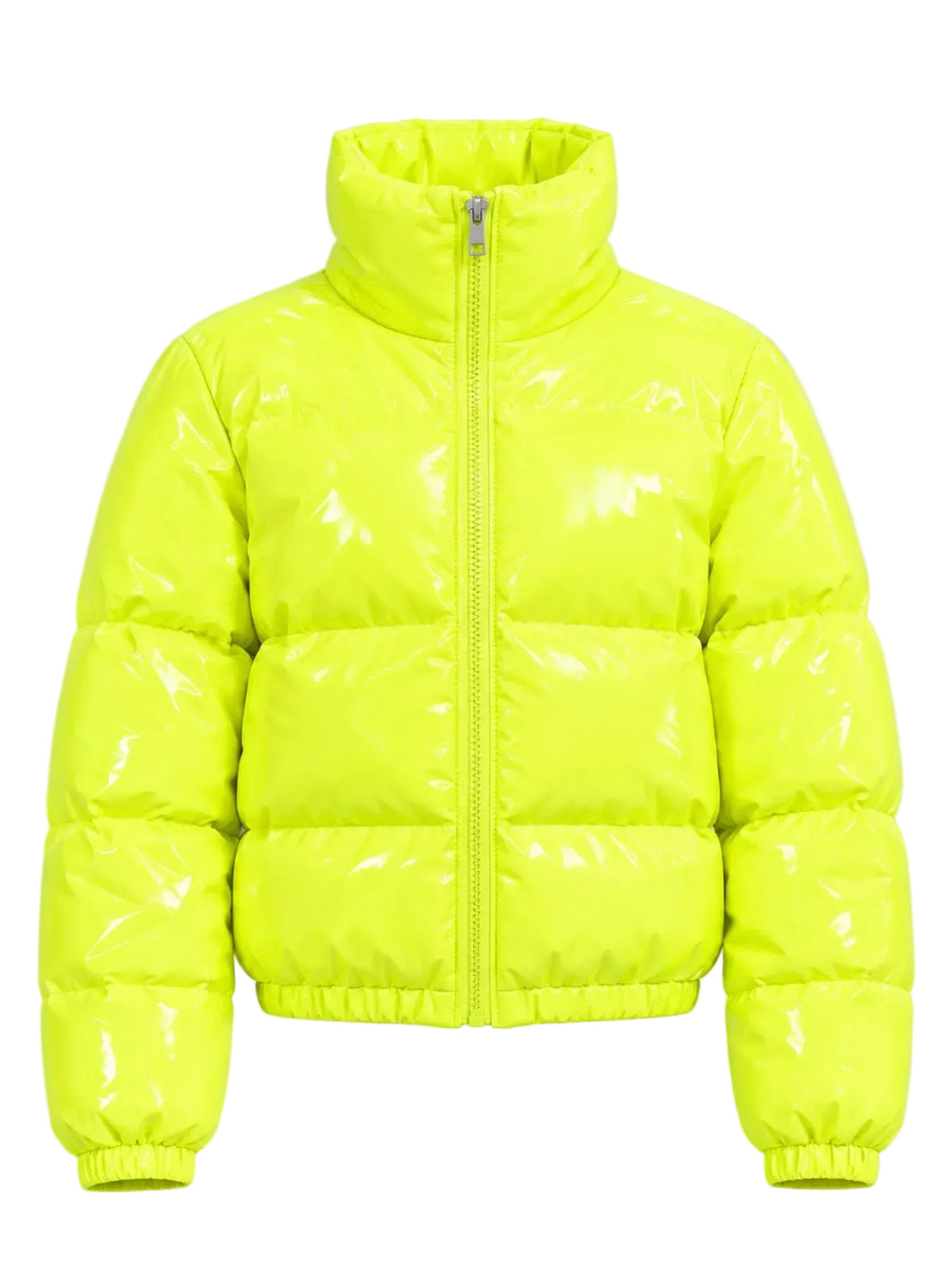 A bright neon yellow-green glossy puffer jacket with a high stand-up collar, front zipper, and horizontal quilted baffles, shown against a light gray background.