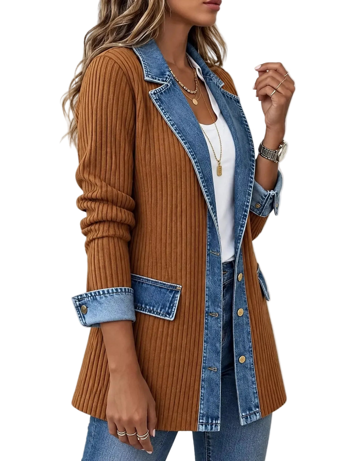 A woman wearing a brown ribbed knit cardigan with a blue denim collar, front placket, cuffs, and patch pockets, styled over a white top and blue jeans against a plain white background.