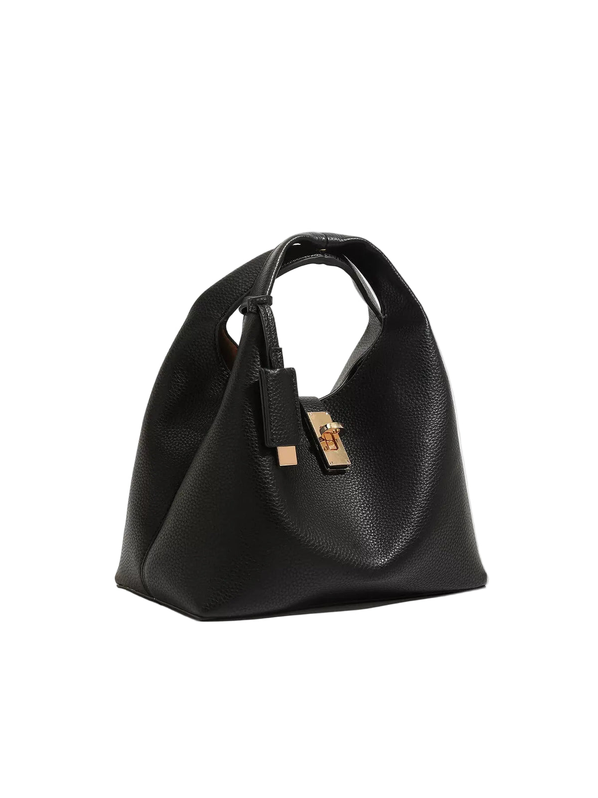A black pebbled leather hobo handbag with a top handle and a gold-tone turn-lock clasp closure, photographed on a clean white studio background.