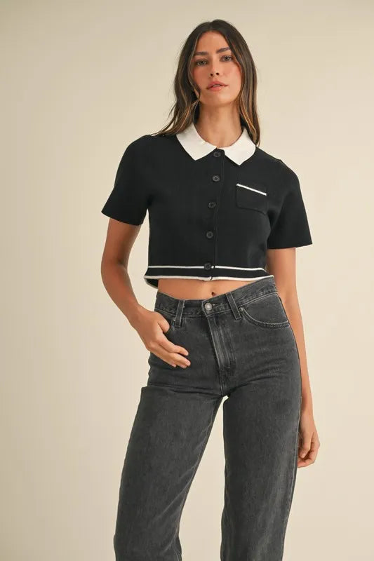 Button Down Contrast Collared Knit Cardigan.