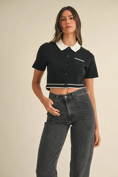 Button Down Contrast Collared Knit Cardigan.