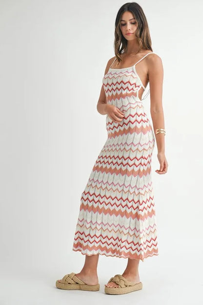 Lightweight Pointelle Chevron Knit Maxi Dress.