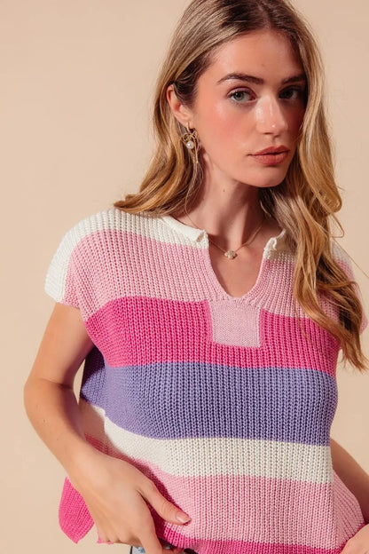 Multi Color Stripe Loose Fit Cap Sleeve Sweater Top.