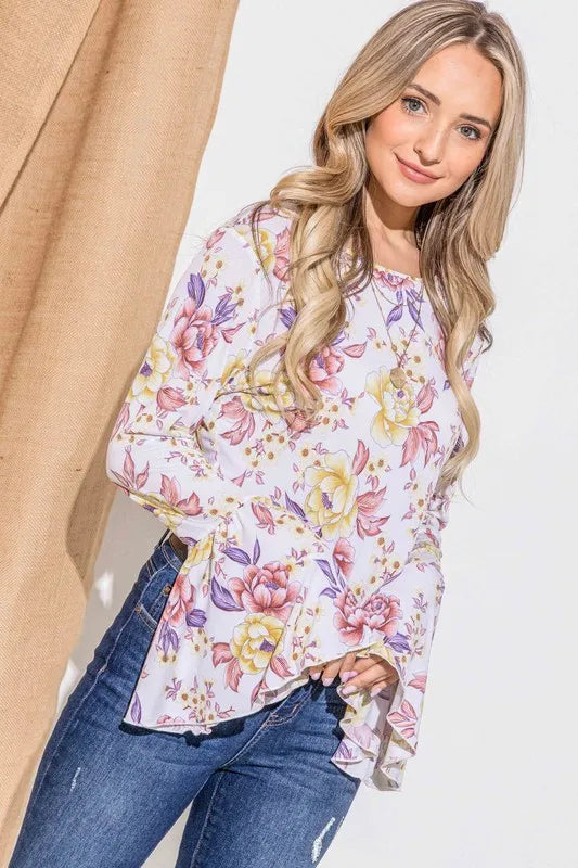 Floral Printed Bell Sleeve Casual Top.