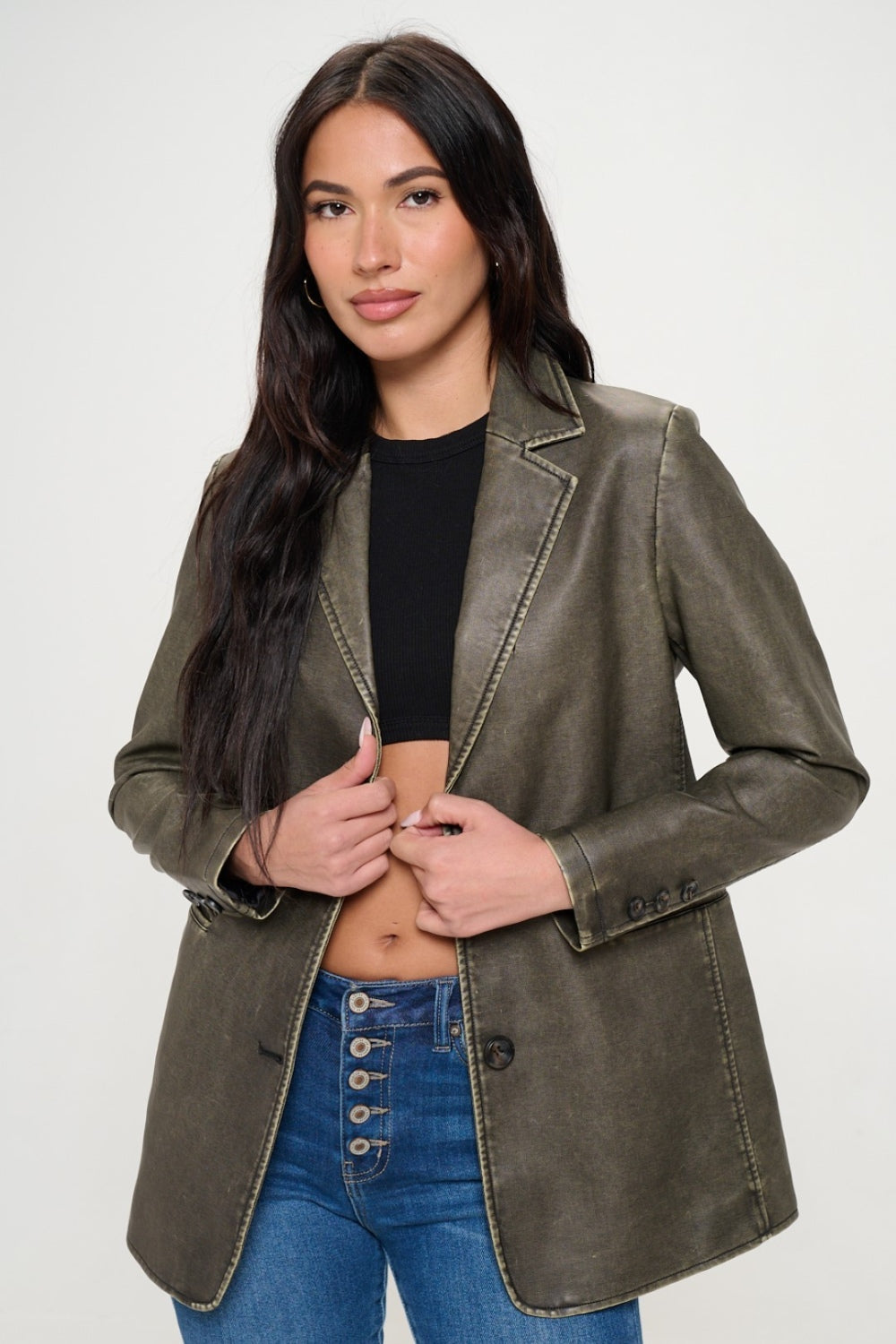 Single-Breasted Vegan Leather Blazer