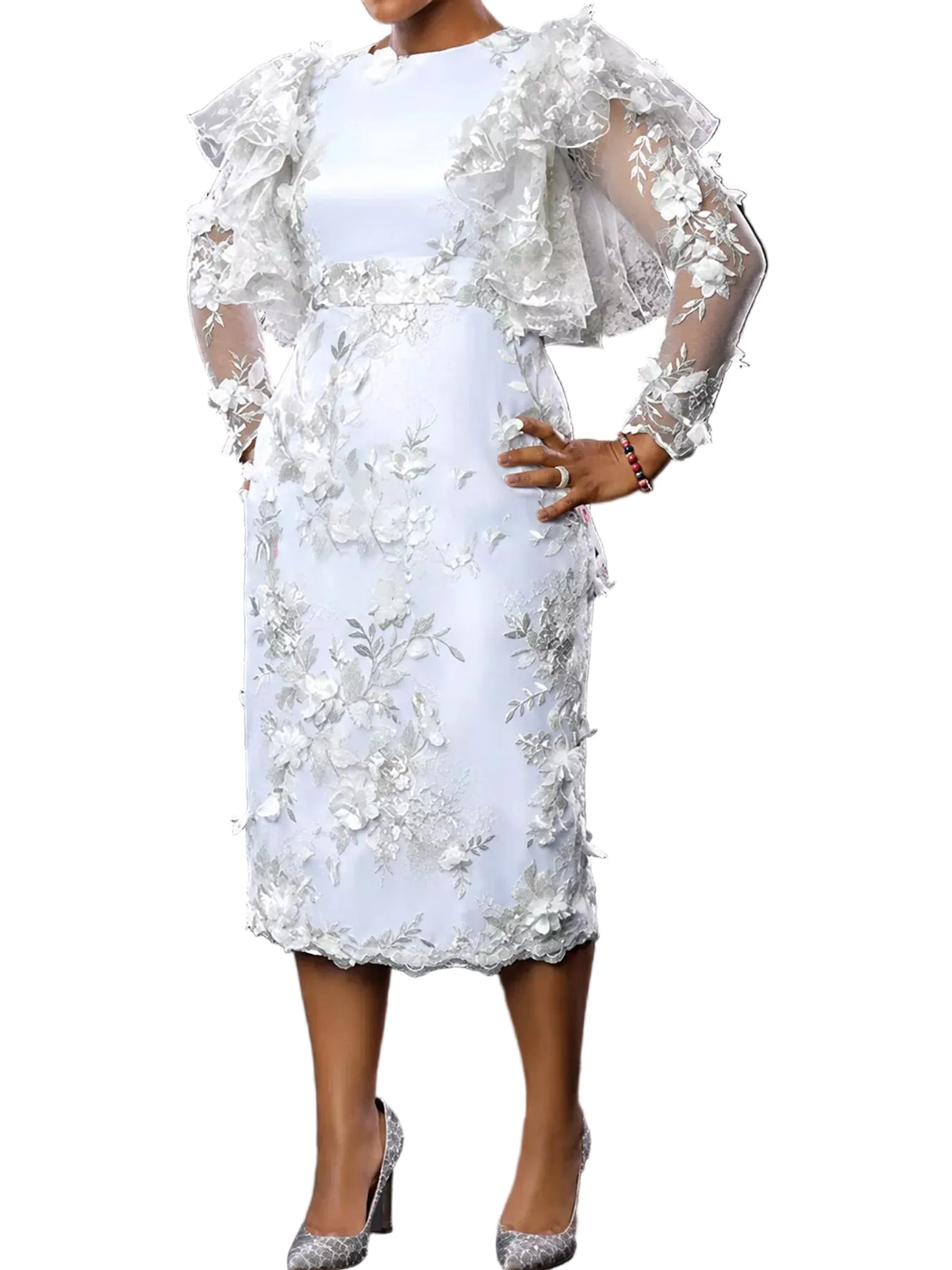 A white midi dress with 3D floral applique and sheer ruffled cape sleeves, modeled against a dark studio background.