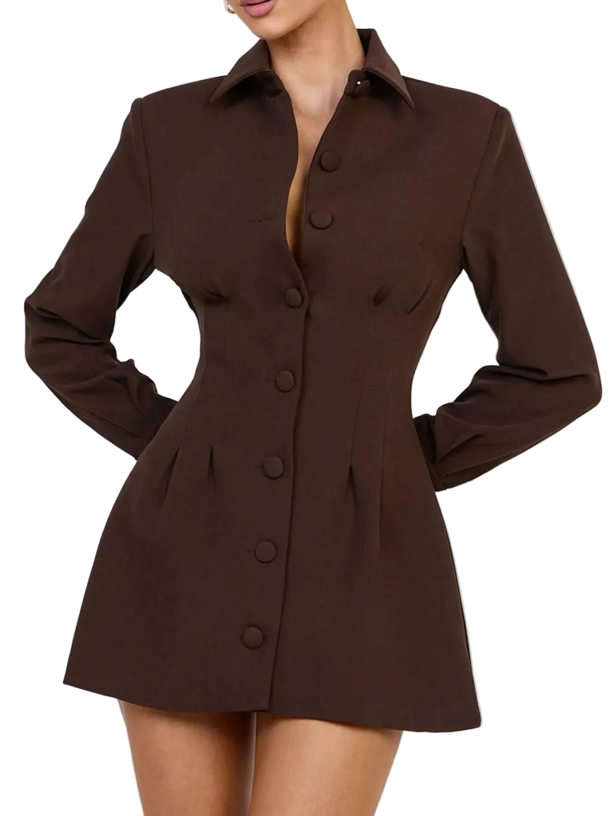 A woman wearing a dark brown long-sleeve mini blazer with a button-down front and structured shoulders, shown against a plain light background.