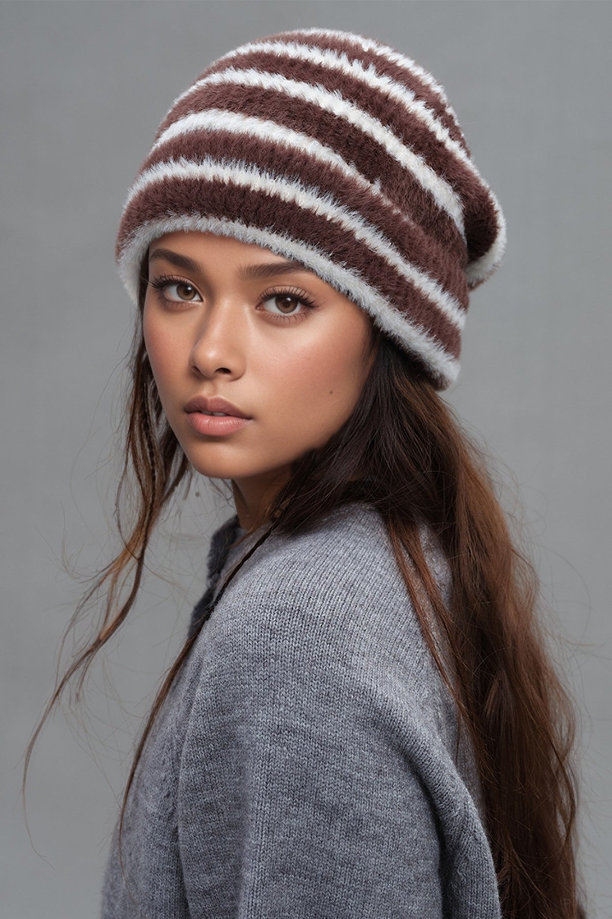 Fuzzy Contrast Striped Thermal Hat