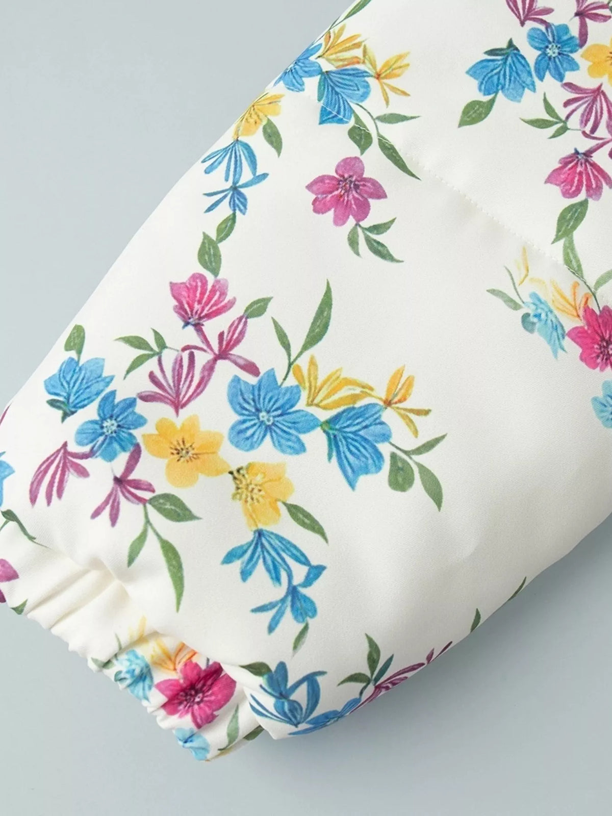 Floral print puffer jacket with stand collar