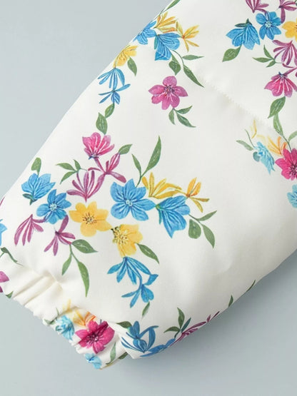 Floral print puffer jacket with stand collar
