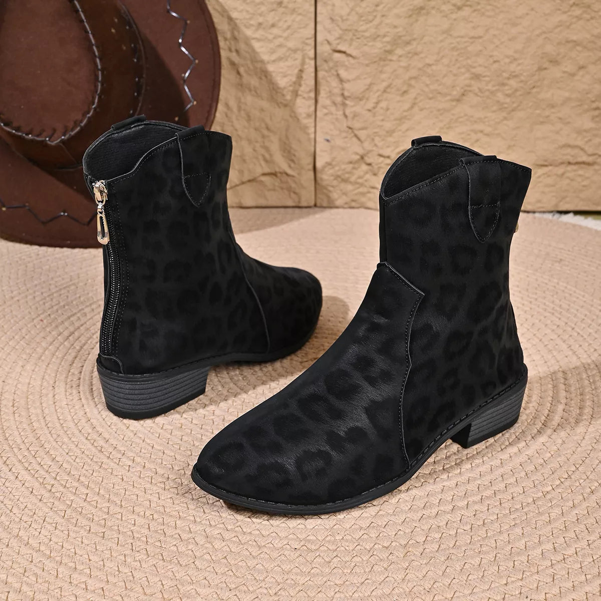 Leopard print western ankle boots