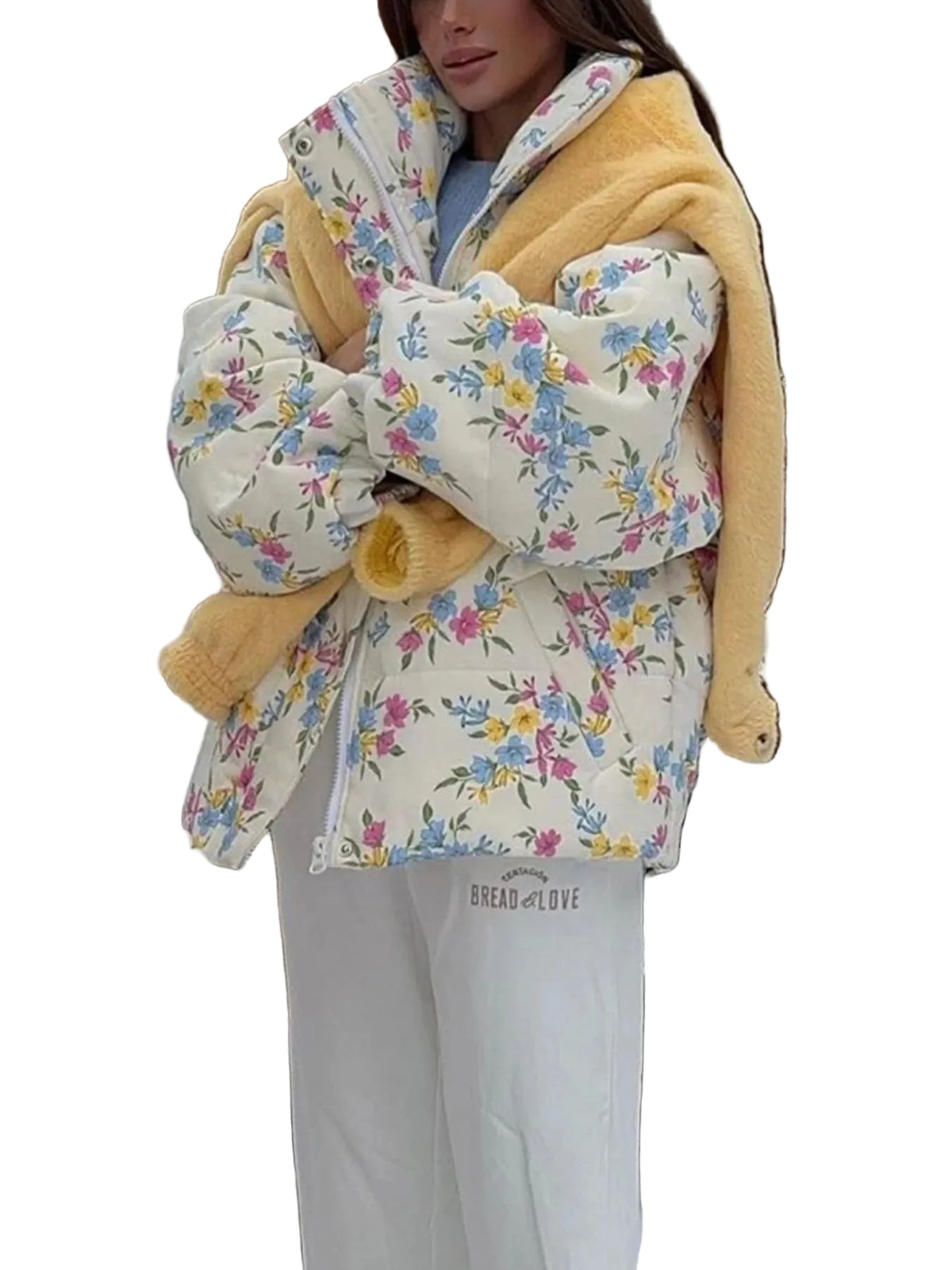 Floral print puffer jacket with stand collar