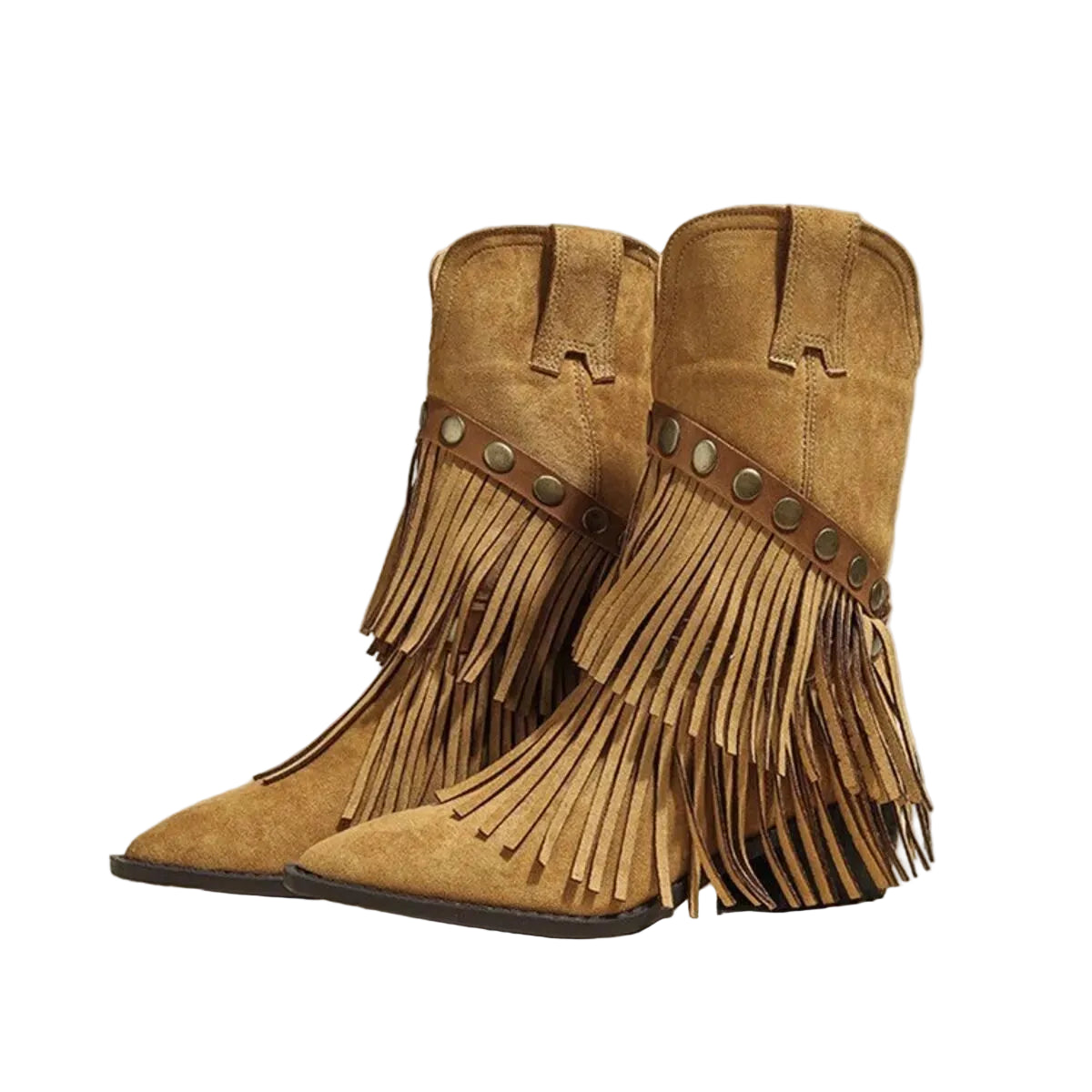 A pair of tan suede fringe boots with pointed toes, decorative brown leather straps, and brass-tone studs, shown on a solid light beige background.
