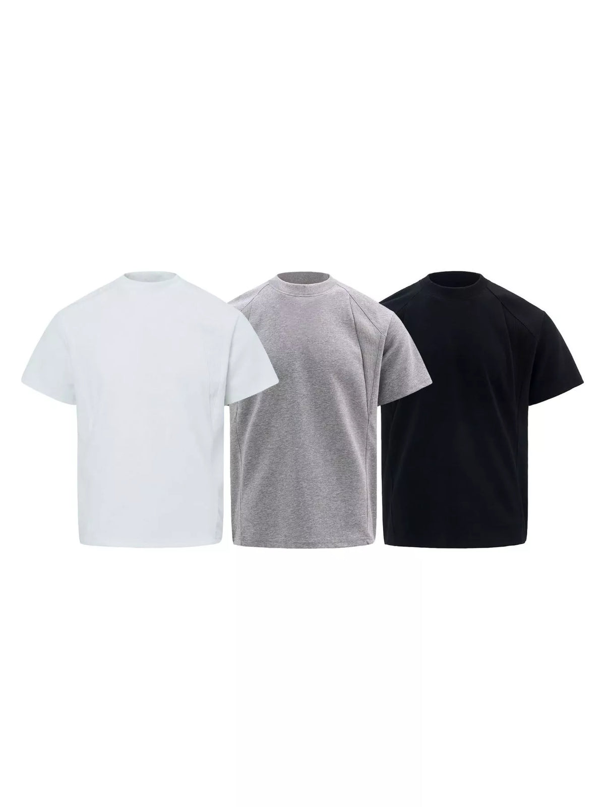 Three short-sleeve crew-neck t-shirts shown side by side on a plain white background, in white, light gray, and black.