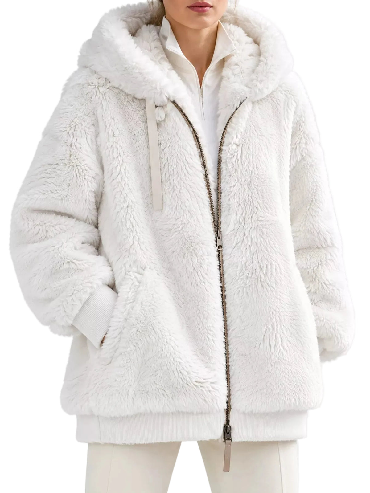 A model wearing a plush white sherpa fleece zip-up hooded jacket over a white collared shirt, shown against a plain white background.