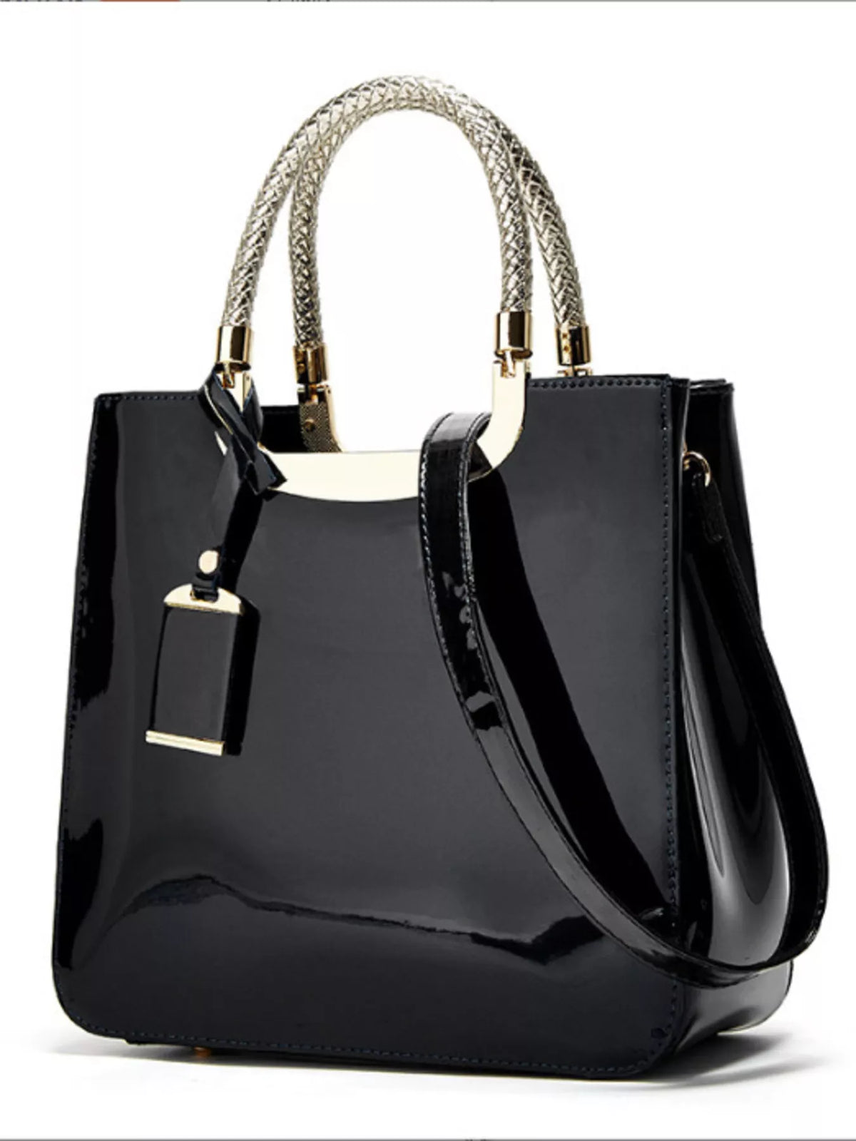 A glossy black patent leather tote bag with braided silver handles and gold-tone hardware, shown on a plain white background.