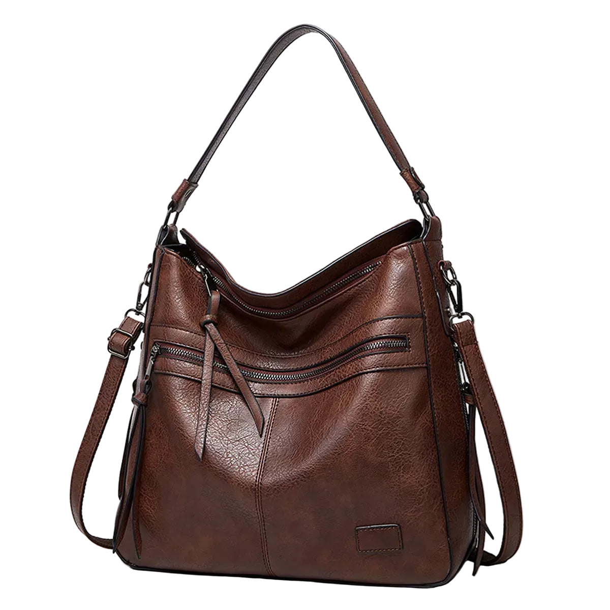 A brown faux-leather hobo shoulder bag with dual straps, multiple zippered pockets, and a small rectangular metal logo plate on the lower front, shown on a plain white background.