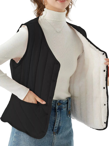 A woman wearing a black quilted puffer vest with a white sherpa lining over a cream ribbed turtleneck sweater and blue jeans, holding the vest open to show the lining.