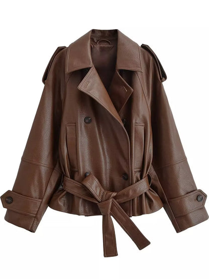 A brown faux leather trench coat with shoulder epaulets, a belted waist, and a double-breasted front, shown against a plain white background.
