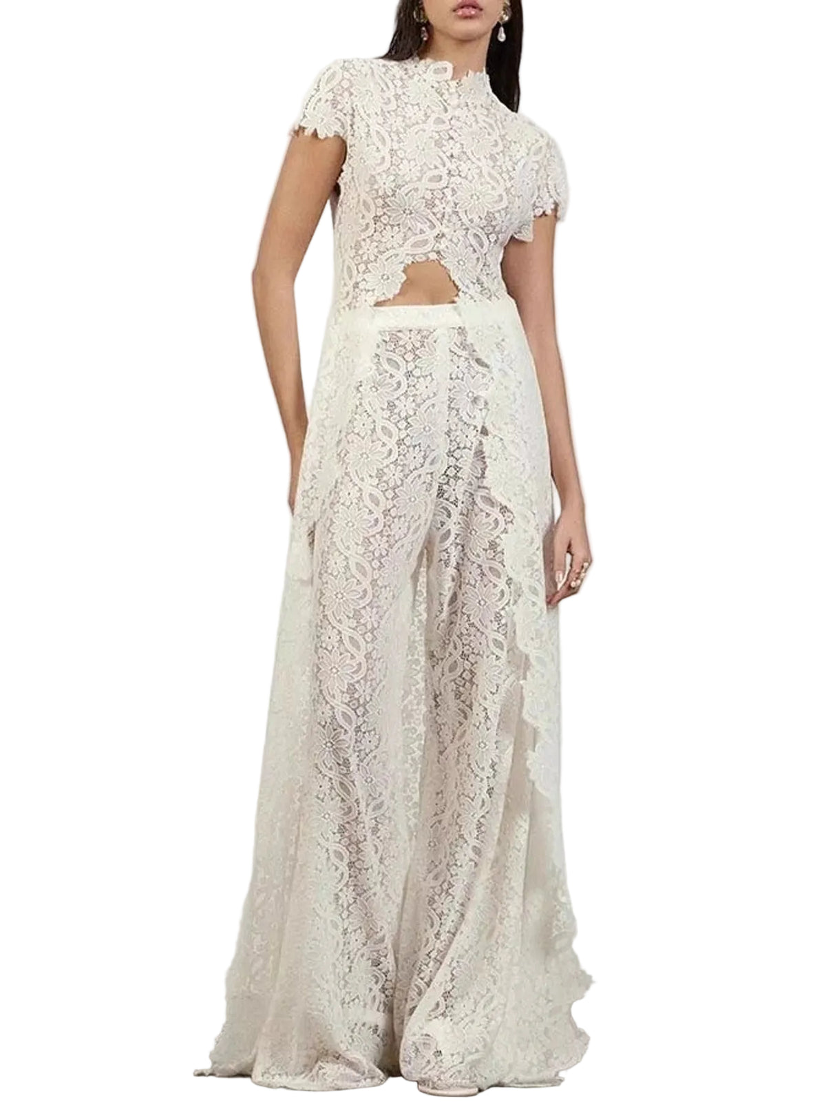 Elegant Lace Short Sleeve Top and Pants Set