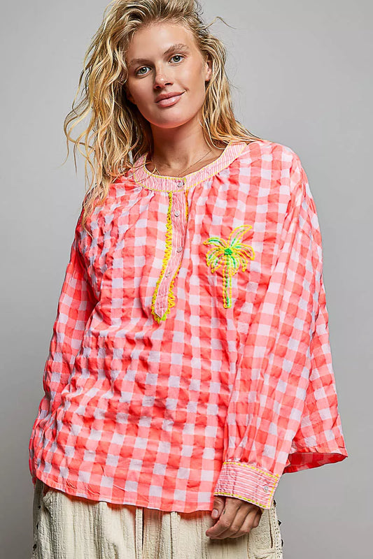 Gingham Embroidered Palm Tree Blouse