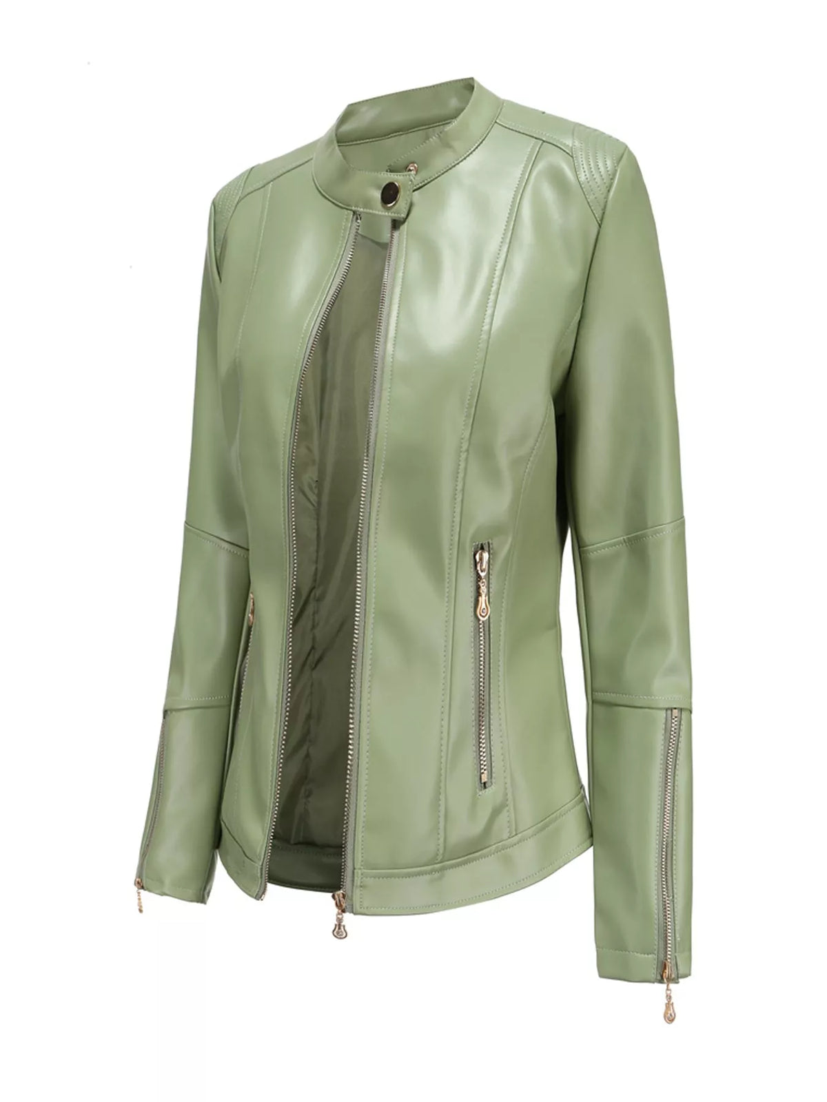 Women's sage green faux leather moto jacket product view | KRIFFA