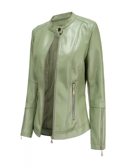 Women's sage green faux leather moto jacket product view | KRIFFA