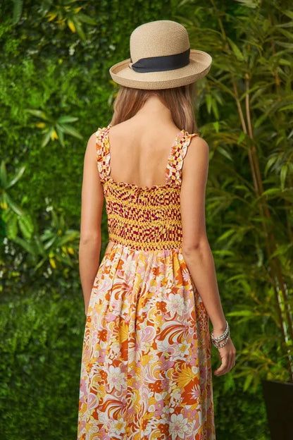 Multi Smocked Bodice Geo Ruffle Strappy Midi Dress.