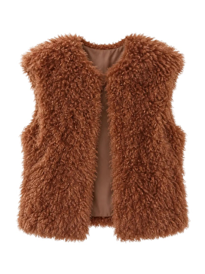 A brown shaggy faux fur vest displayed flat against a light off-white background.