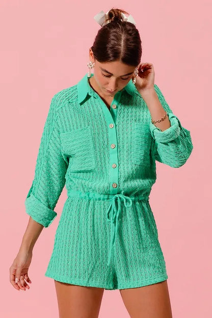 Textured Knit Button Front Romper.